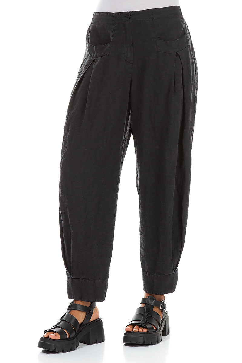 Tapered Pockets Black Linen Trousers 3