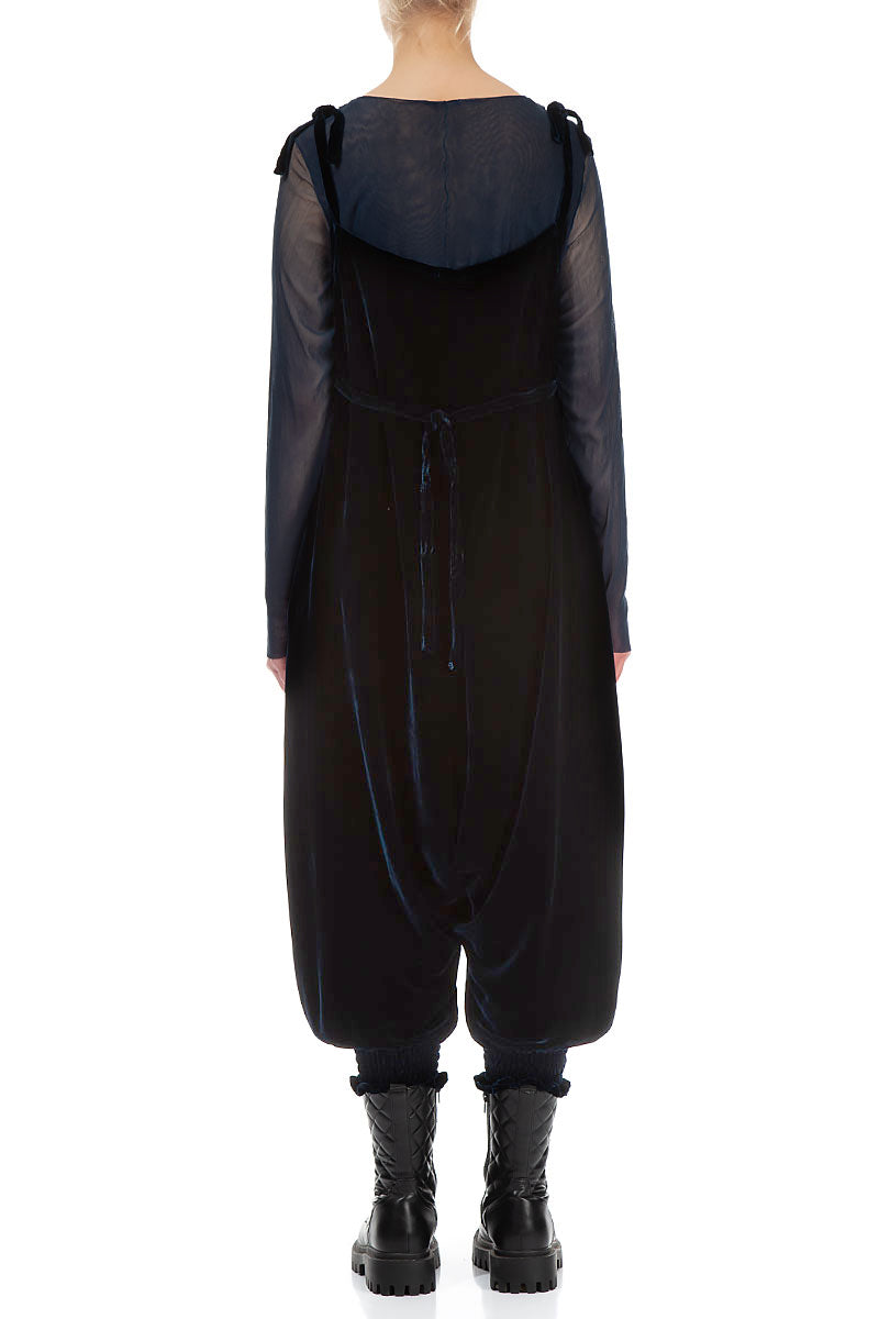 Tie Strap Navy Silk Velvet Jumpsuit 3