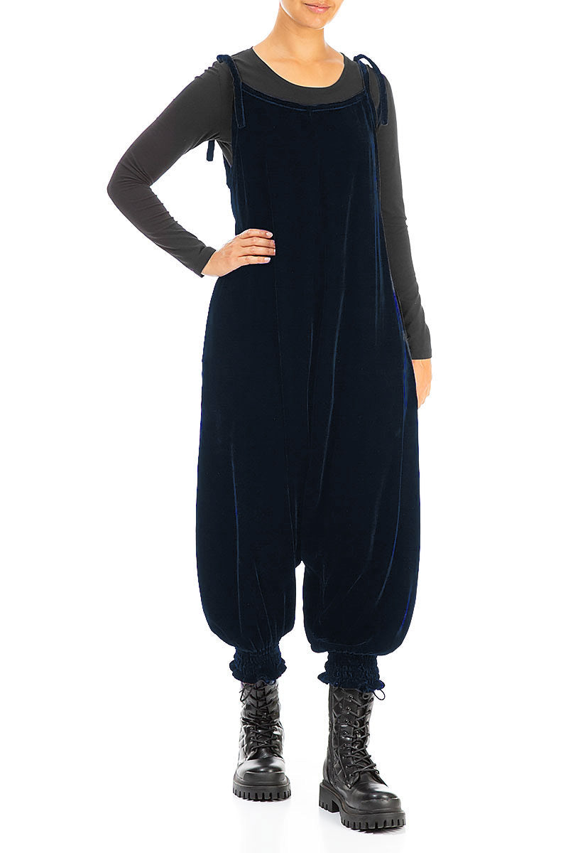 Tie Strap Royal Blue Silk Velvet Jumpsuit 4