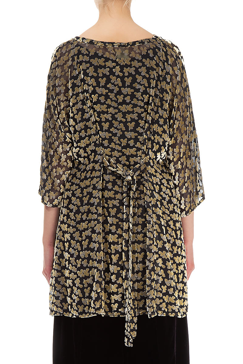 Tie Up Back Devoré Petals Gold Silk Velvet Tunic