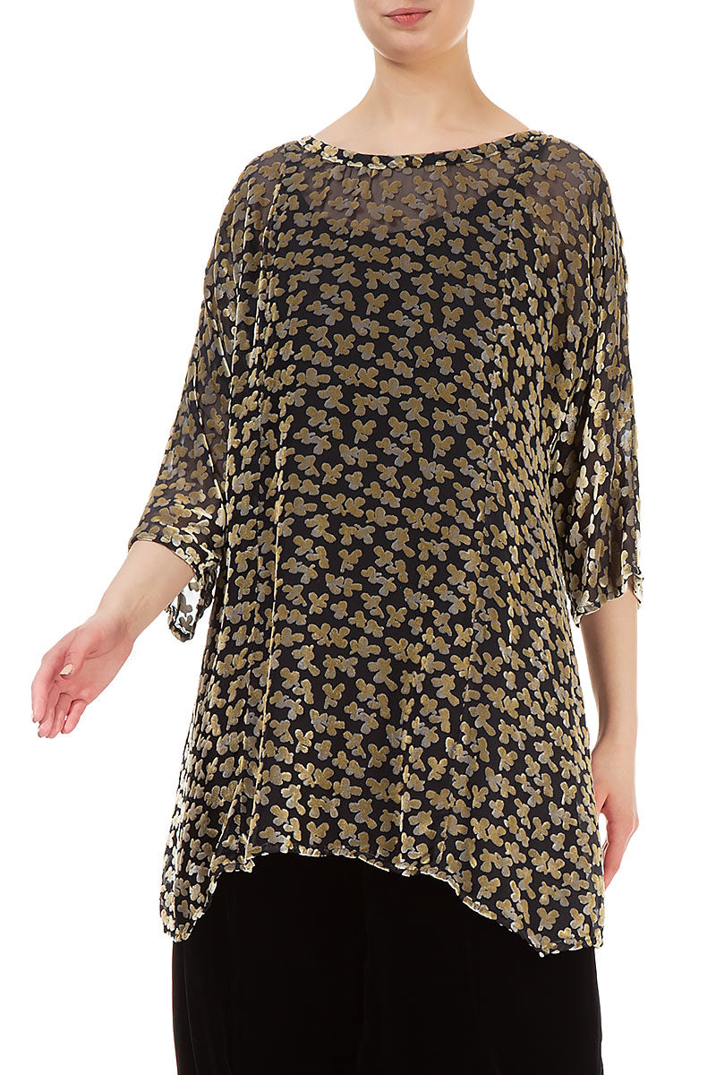 Tie Up Back Devoré Petals Gold Silk Velvet Tunic