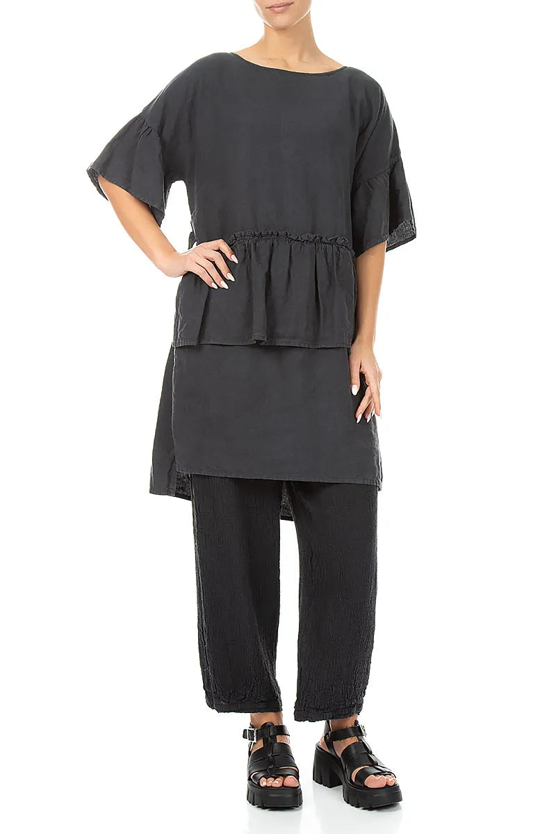 Tiered Graphite Linen Tunic Dress