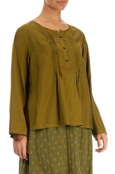 Tuck Front Olive Silk Bamboo Blouse 3