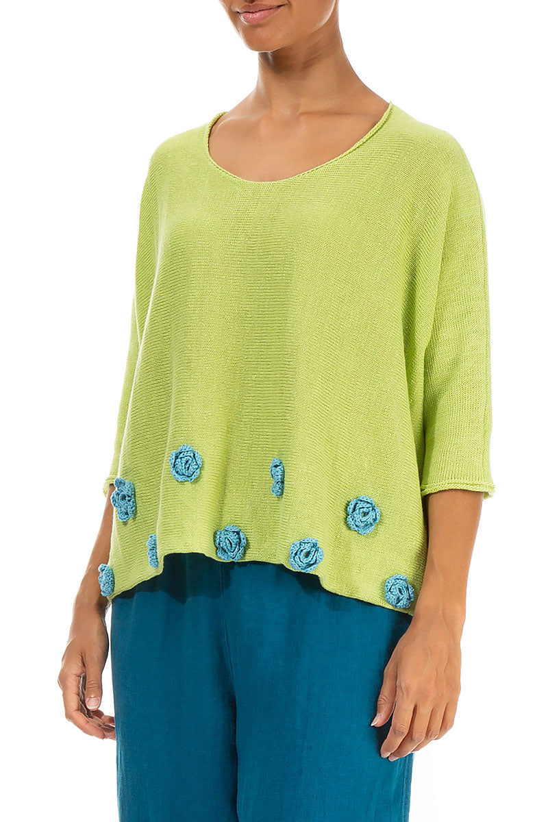 Turquoise Flowers Decorated Lime Linen Jumper 3