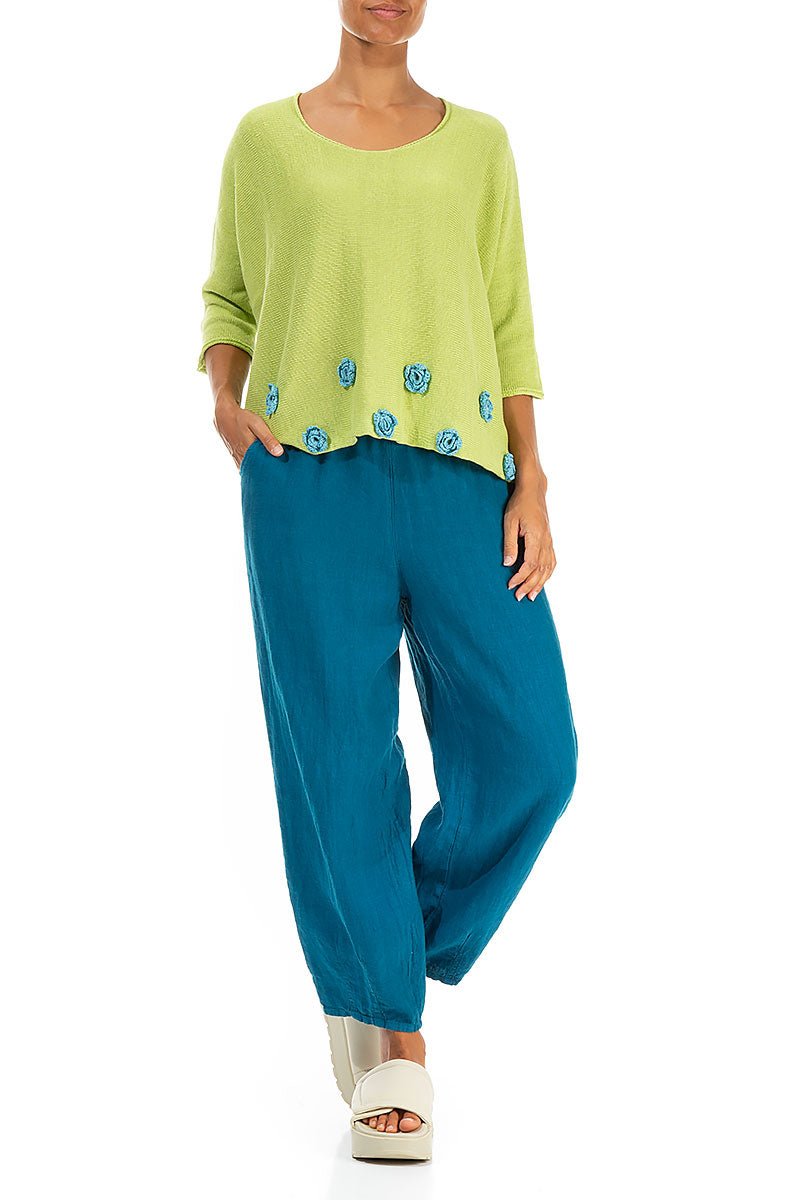 Turquoise Flowers Decorated Lime Linen Jumper 4