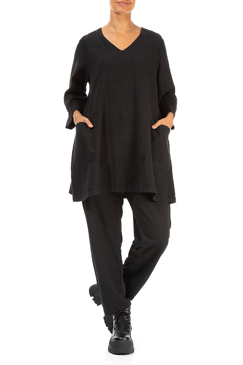 Twin Pockets Black Linen Tunic 4