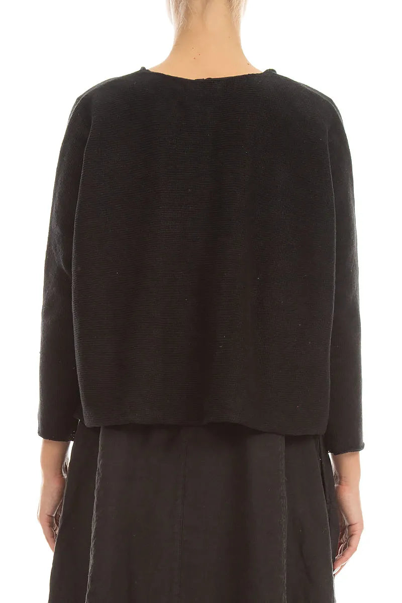 Schwarzer Leinen-Cardigan mit zwei Taschen