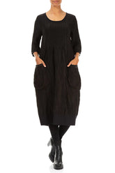 Two Pockets Crinkled Black Silk Linen Midi Dress 3