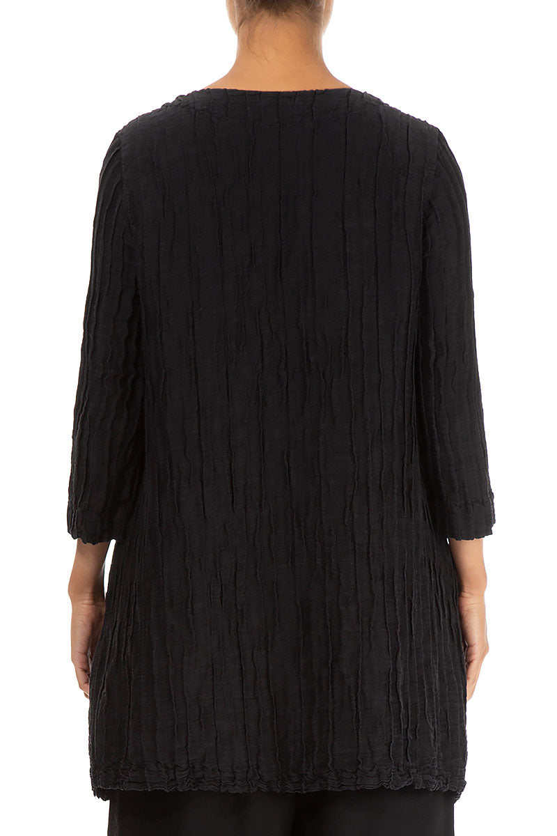 Two Pockets Crinkled Black Silk Linen Tunic