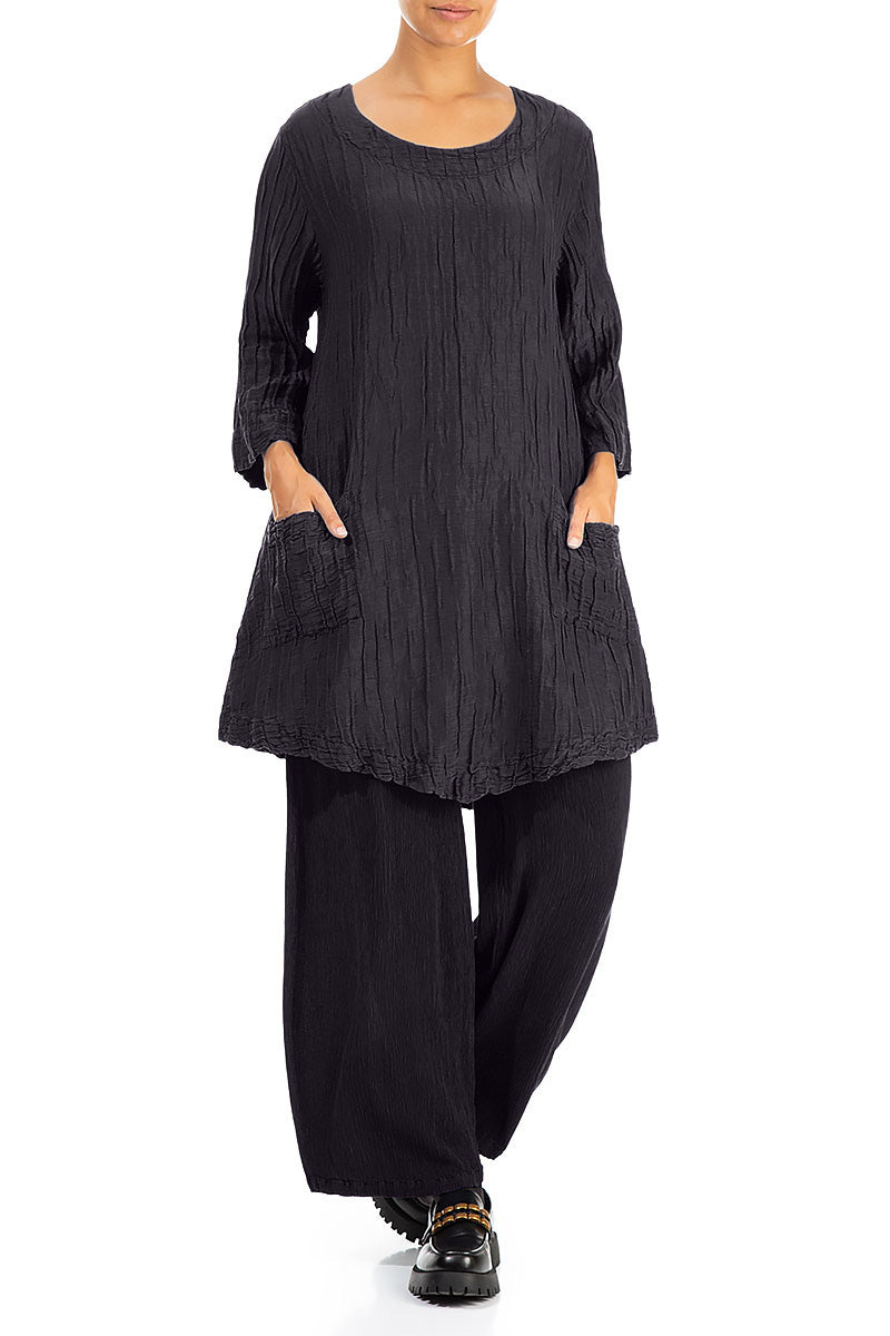 Two Pockets Crinkled Graphite Blue Silk Linen Tunic 4