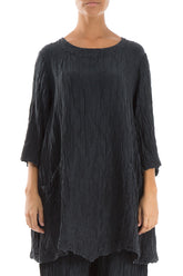 Two Pockets Crinkled Midnight Blue Silk Linen Tunic 1