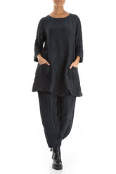 Two Pockets Crinkled Midnight Blue Silk Linen Tunic 4