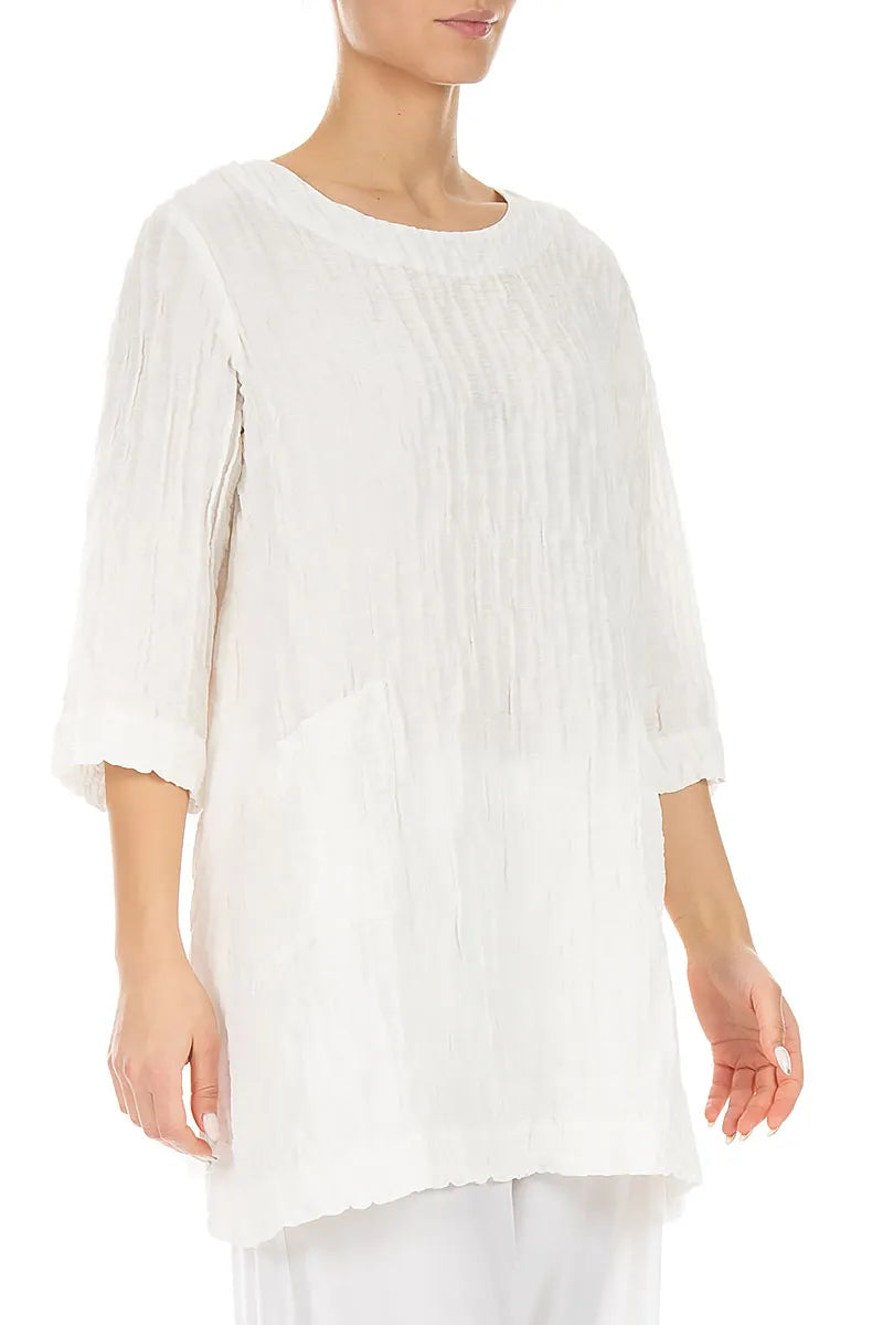 Two Pockets Crinkled White Silk Linen Tunic 3