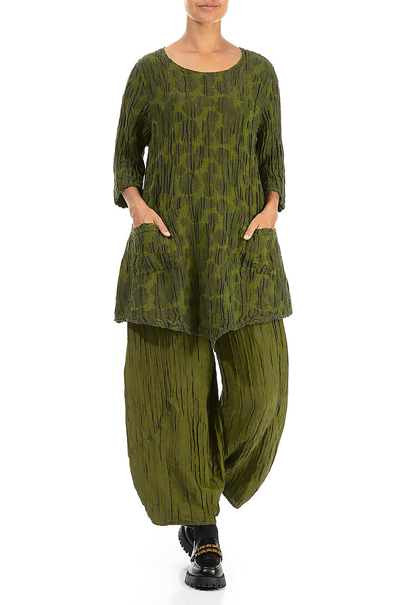 Two Pockets Dark Golden Lime Circle Silk Linen Tunic 4