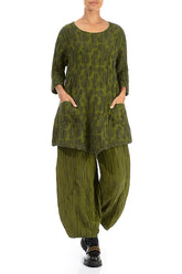 Two Pockets Dark Golden Lime Circle Silk Linen Tunic 4