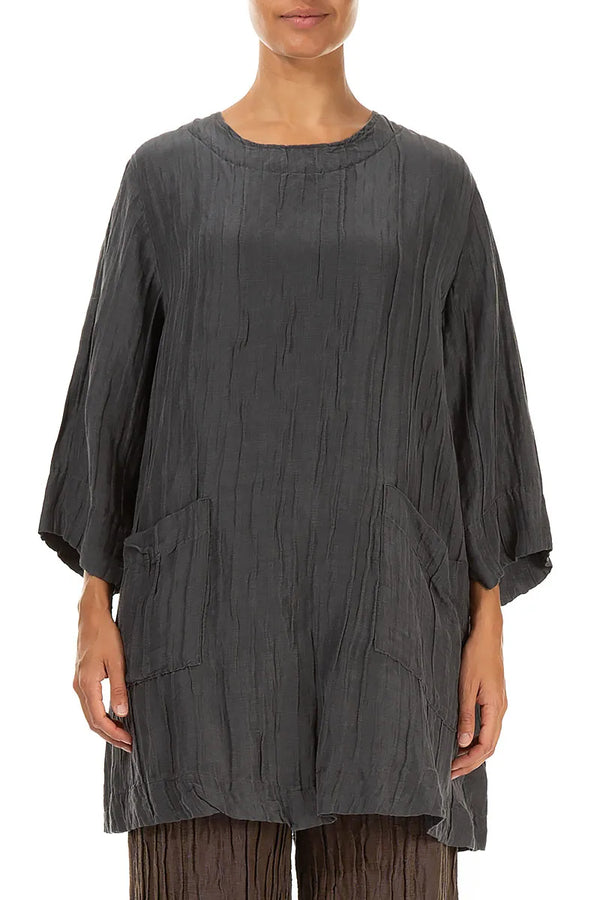 Two Pockets Grey Crinkled Silk Tunic 1