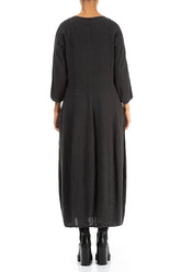 V-Neck Balloon Charcoal Linen Dress 2
