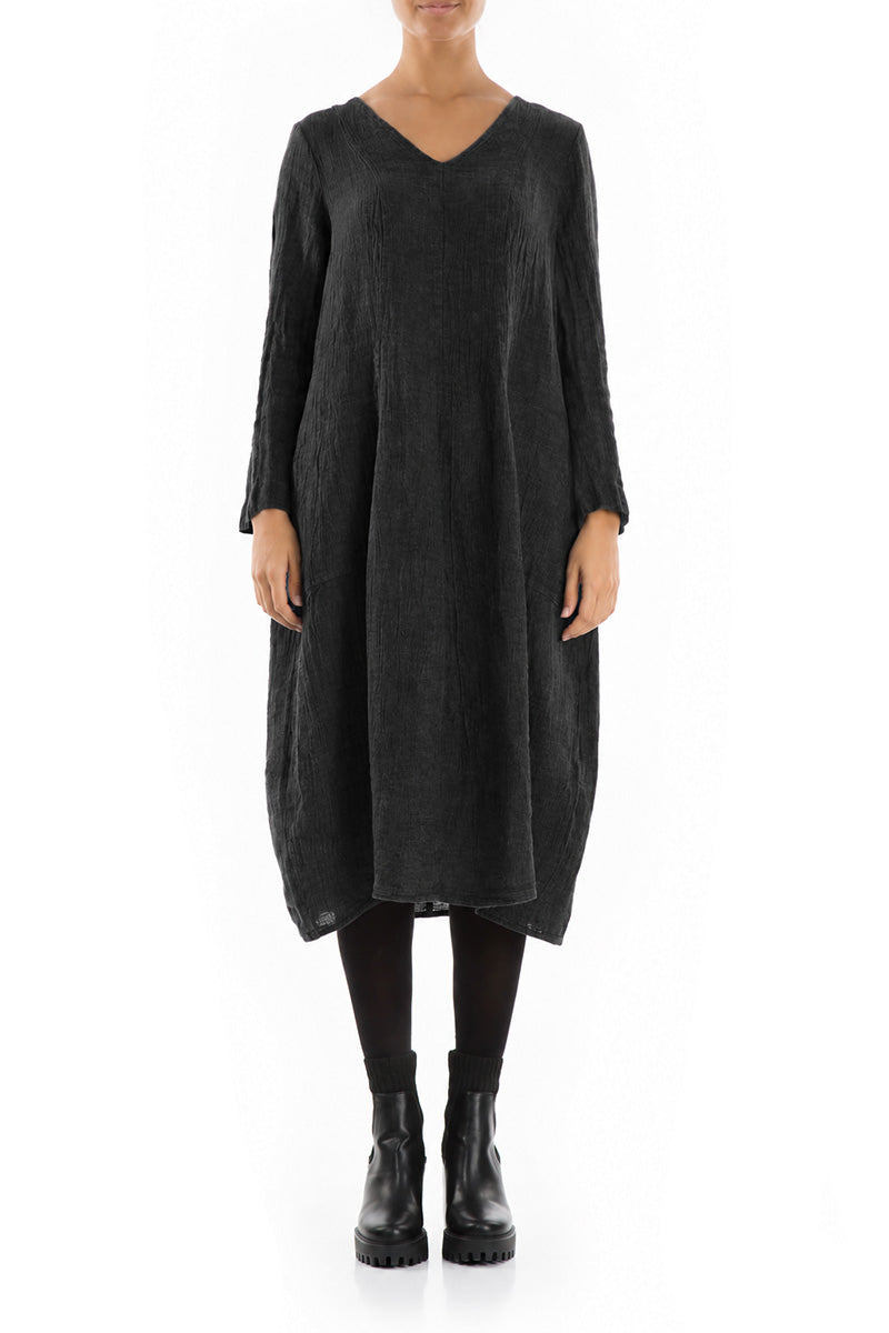 V-Neck Balloon Charcoal Mélange Linen Dress 1