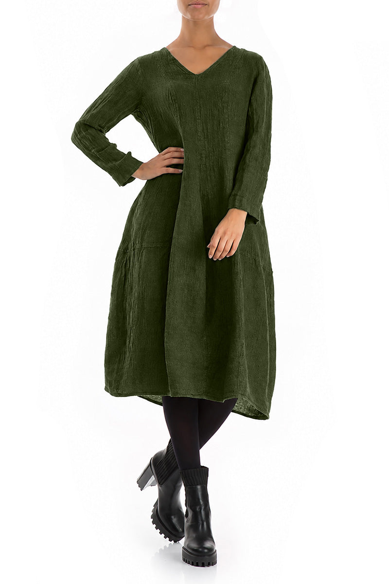 V-Neck Balloon Shamrock Green Mélange Linen Dress