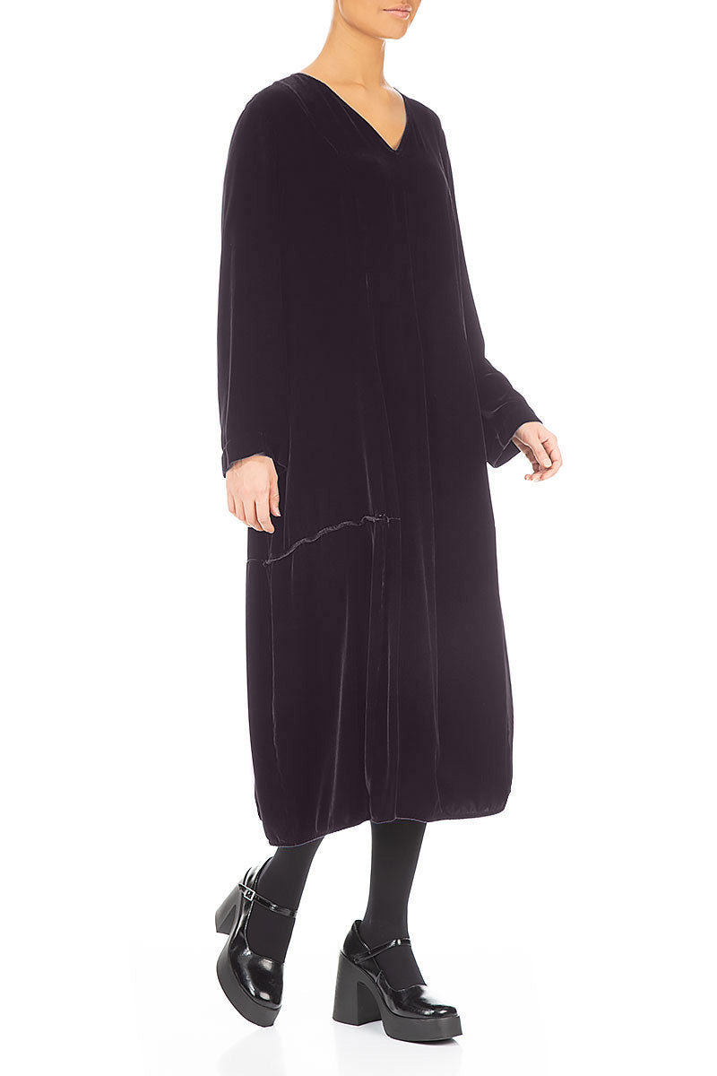 V-Neck Balloon Vintage Violet Silk Velvet Dress 3