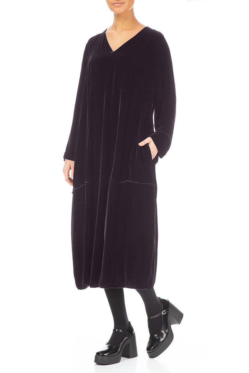 V-Neck Balloon Vintage Violet Silk Velvet Dress 4