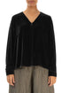 V-Neck Black Silk Velvet Blouse 1