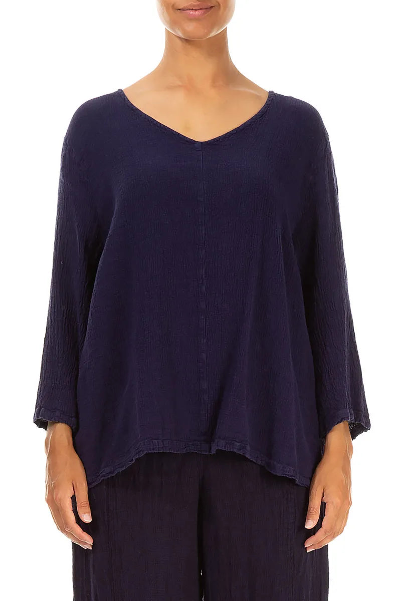 Chemisier en lin et viscose bleu violet à col en V