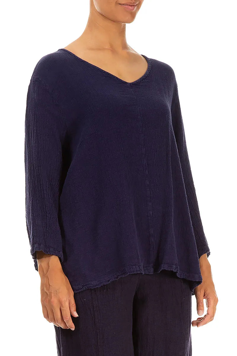 Chemisier en lin et viscose bleu violet à col en V