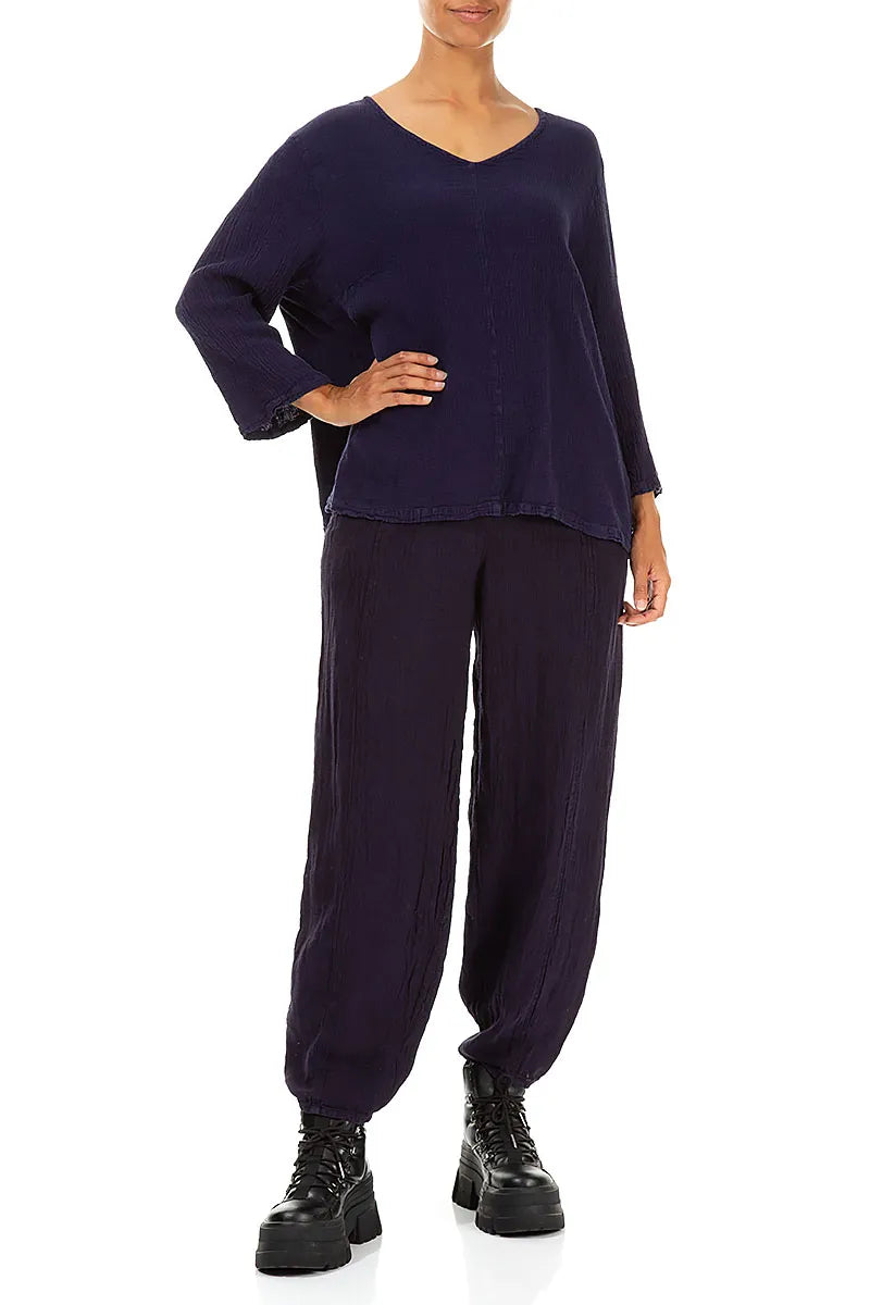 Chemisier en lin et viscose bleu violet à col en V