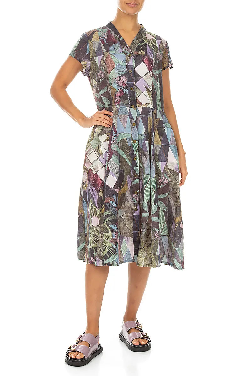 V-Neck Buttoned Art Mosaic Linen Dress 4