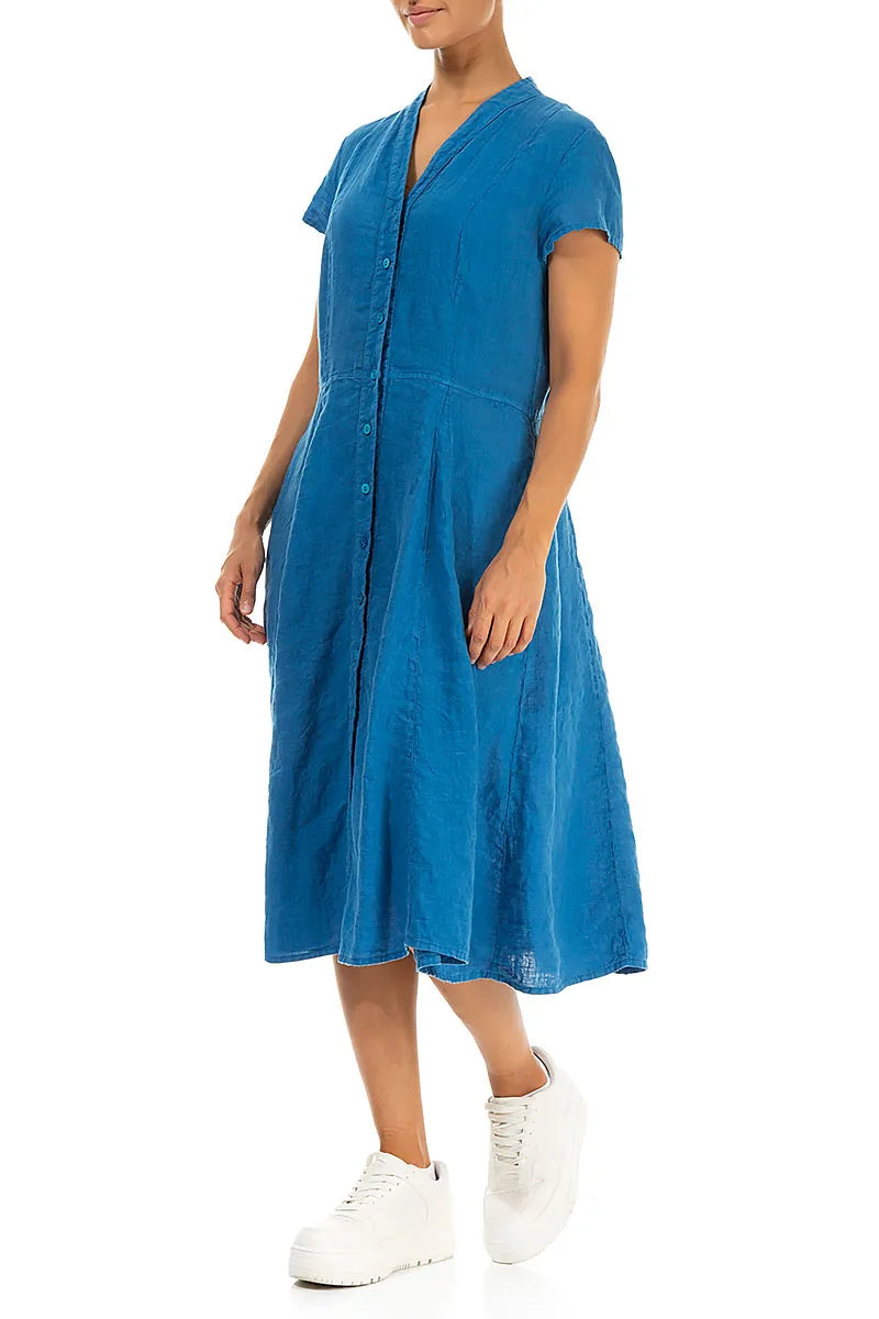 V-Neck Buttoned Cobalt Blue Linen Dress 4