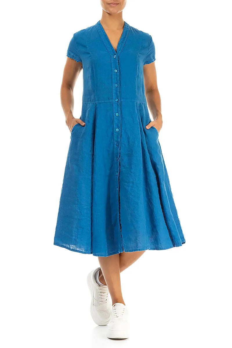 V-Neck Buttoned Cobalt Blue Linen Dress 5