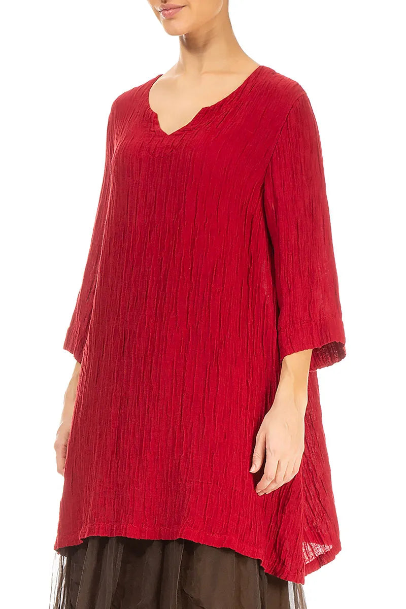 V-Neck Cherry Red Crinkled Silk Tunic 4