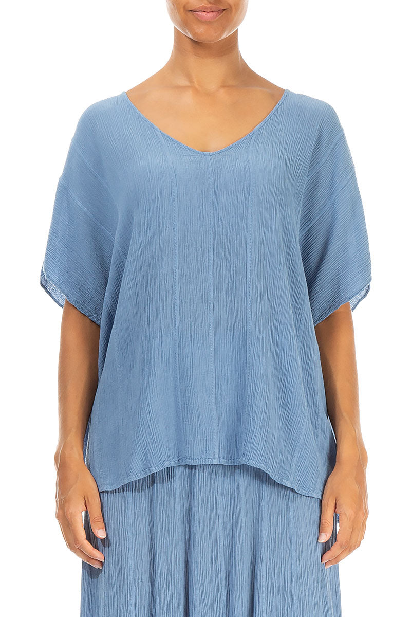 V-Neck Crinkled Light Denim Silk Viscose Blouse 1