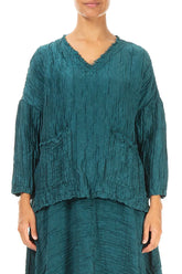 V-Neck Crinkled Peacock Silk Linen Blouse 1