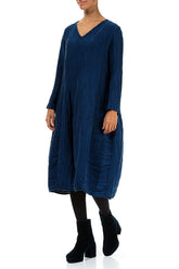 V-Neck Crinkled Royal Blue Silk Linen Dress 3