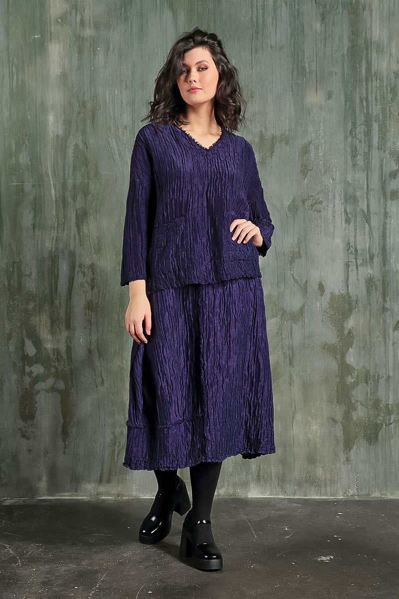 V-Neck Crinkled Royal Purple Silk Linen Blouse 7