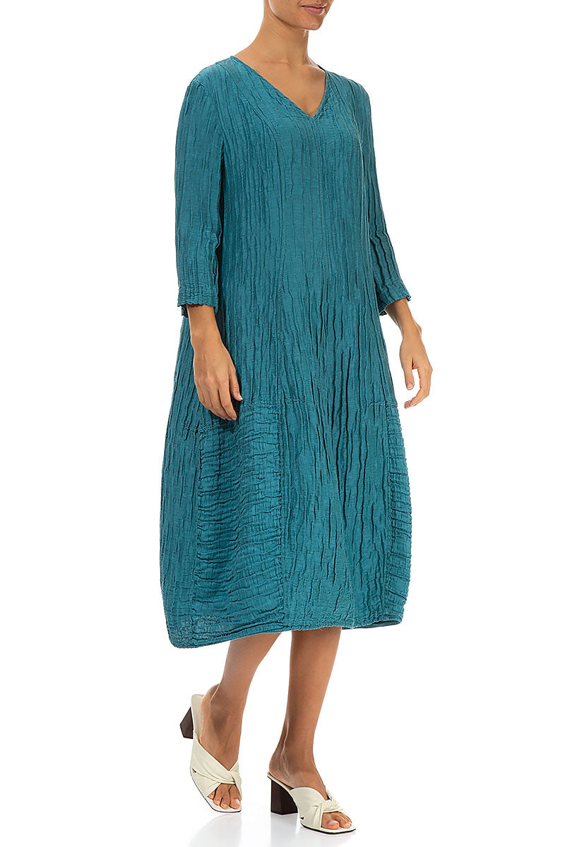 V-Neck Crinkled Turquoise Silk Linen Dress 3