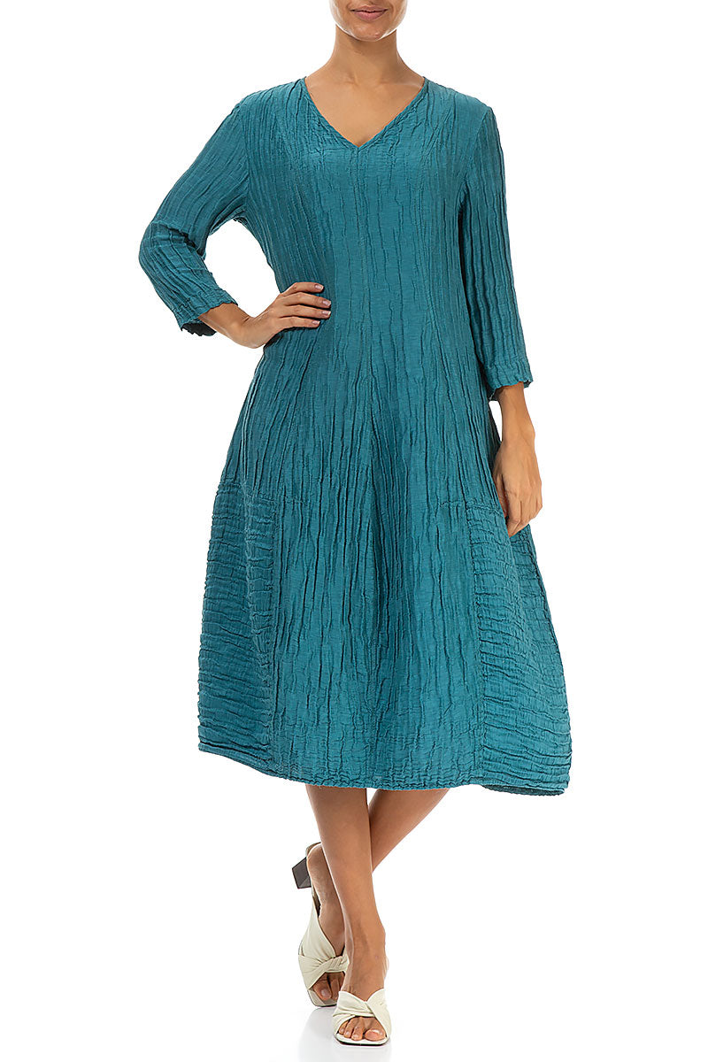 V-Neck Crinkled Turquoise Silk Linen Dress 4