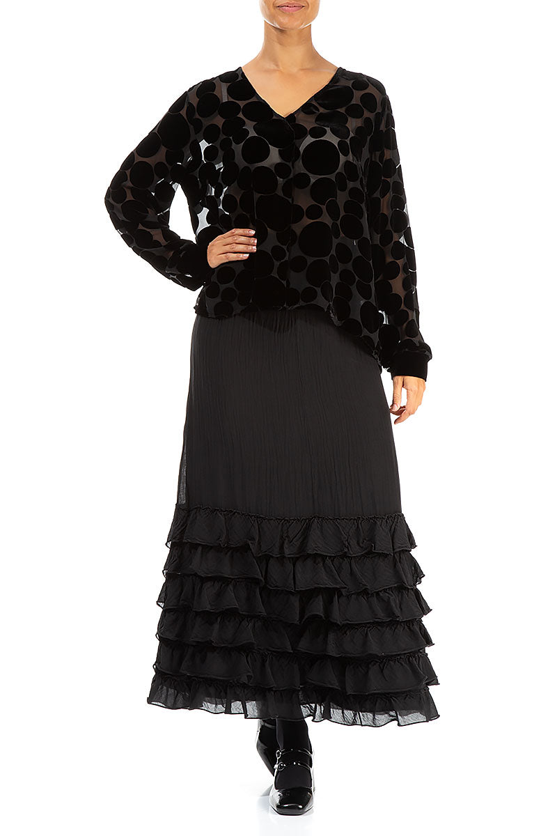 V-Neck Devoré Bubbles Black Silk Velvet Blouse 4