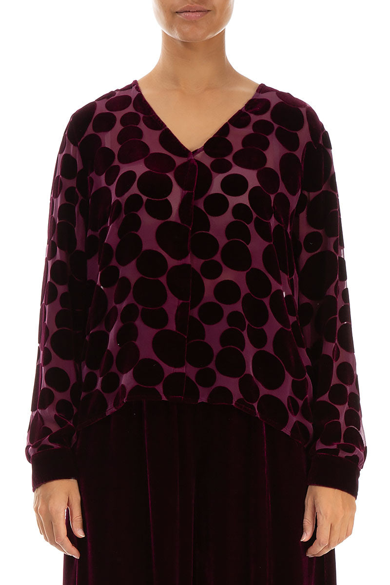 V-Neck Devoré Bubbles Magenta Silk Velvet Blouse 1
