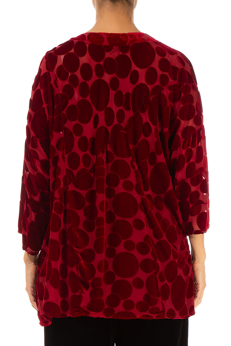 V-Neck Devoré Bubbles Red Silk Velvet Blouse 2