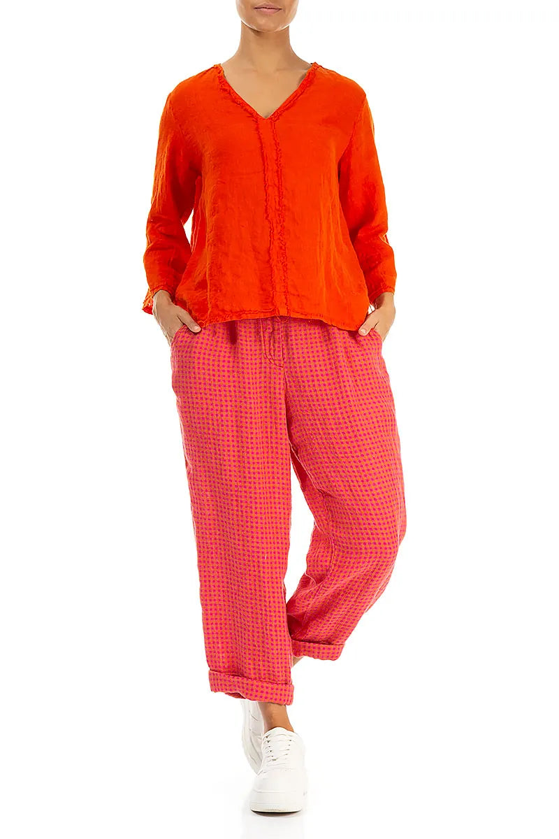 V-Neck Flame Orange Linen Blouse 5