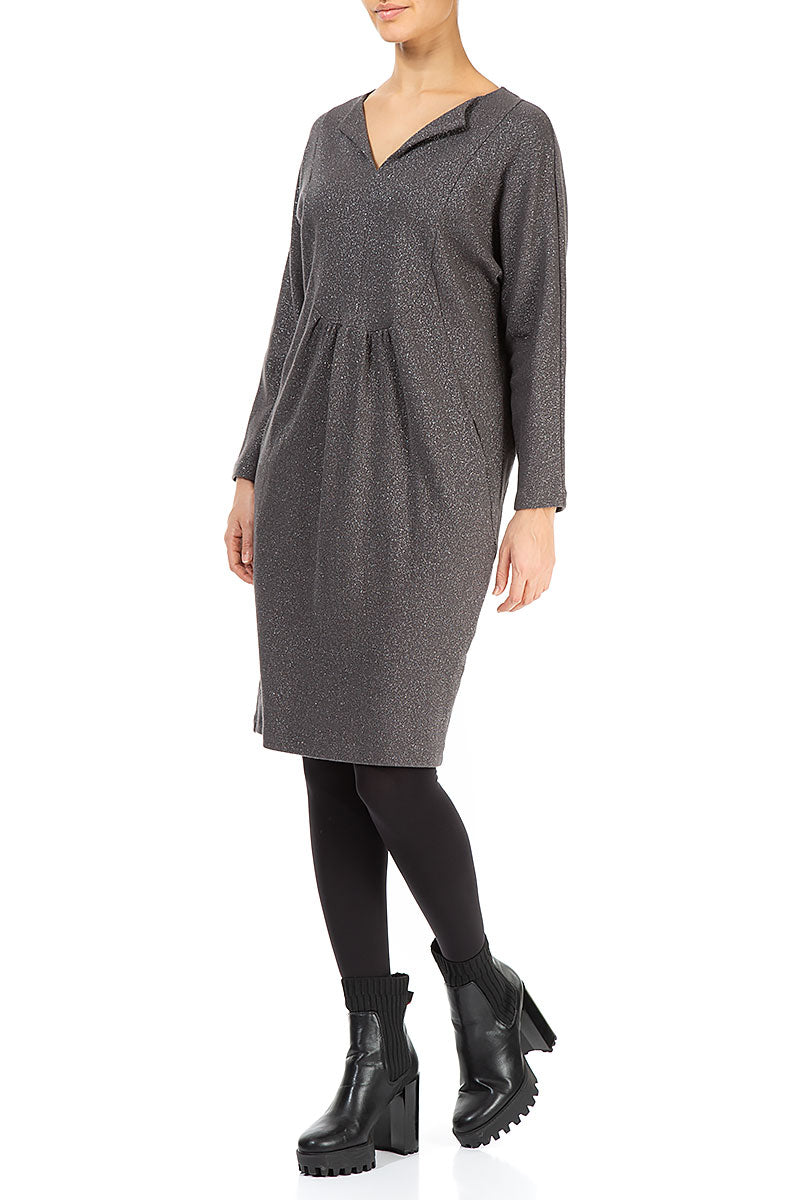 V-Neck Grey Glitter Cotton Dress 3