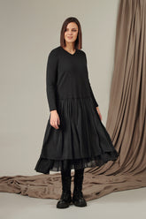 V-Neck Grey Wavy Cotton Dress 6