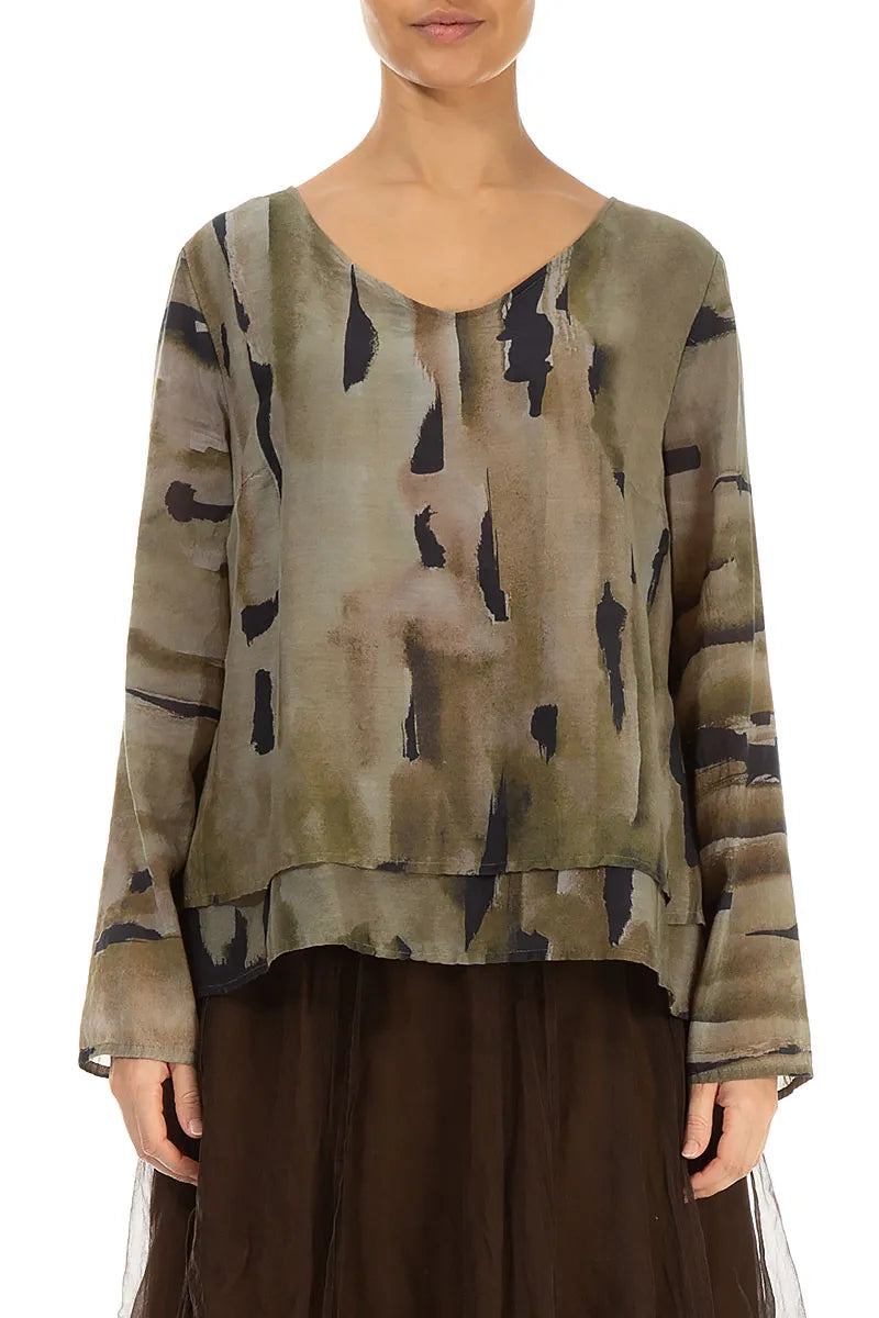 Bluse aus Seidenbaumwolle mit V-Ausschnitt und Terra