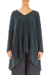 V-Neck Mélange Midnight Teal Wool Sweater 1