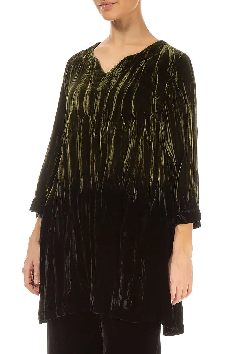 V-Neck Olive Silk Velvet Ombré Tunic 3