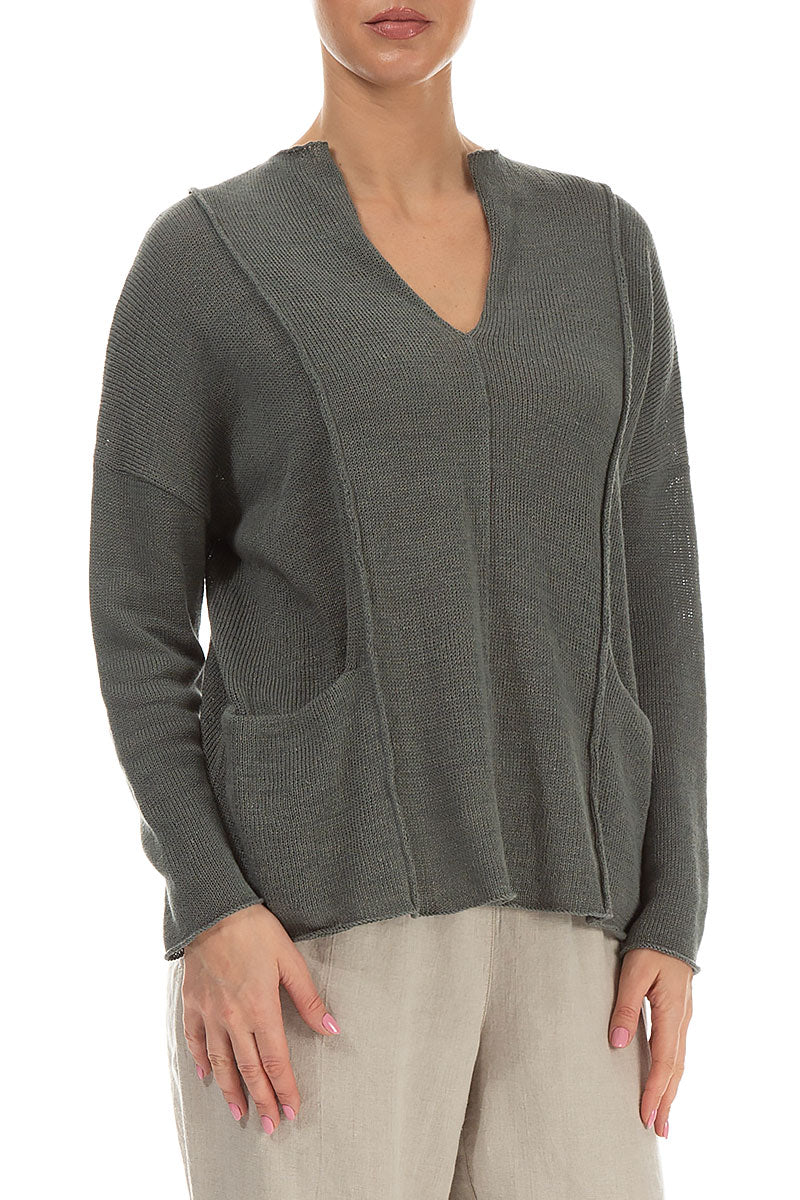 V-Neck Sage Linen Jumper 3