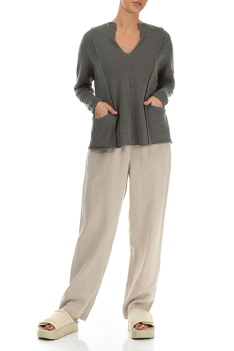 V-Neck Sage Linen Jumper 4